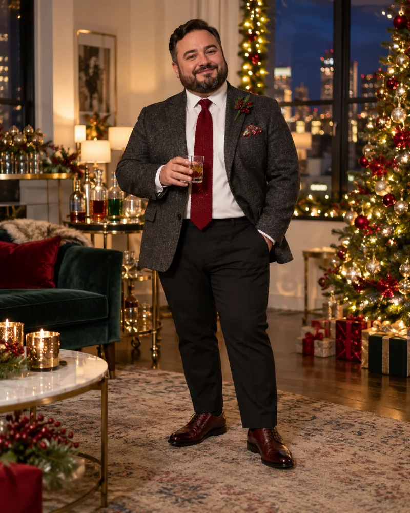 Charcoal Gray Blazer With a Festive Red Tie