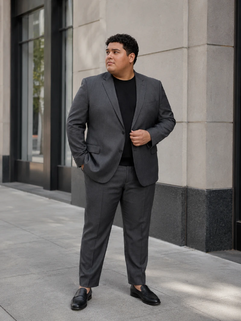 Charcoal Gray Suit with Black T-Shirt and Black Loafers
