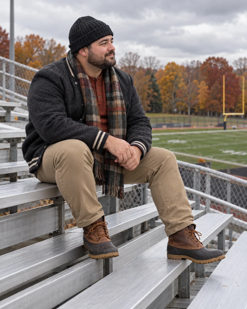 Charcoal Jacket and Plaid Scarf for Chilly Football Bleachers