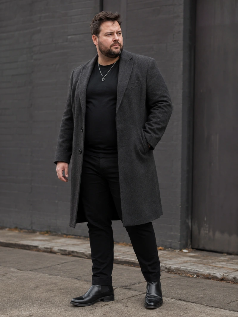Charcoal Overcoat, Black Crewneck, and Chelsea Boots