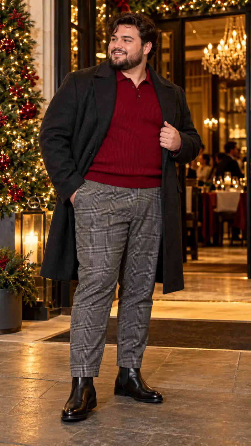 Charcoal Overcoat, Red Knit Polo, Plaid Trousers, and Chelsea Boots