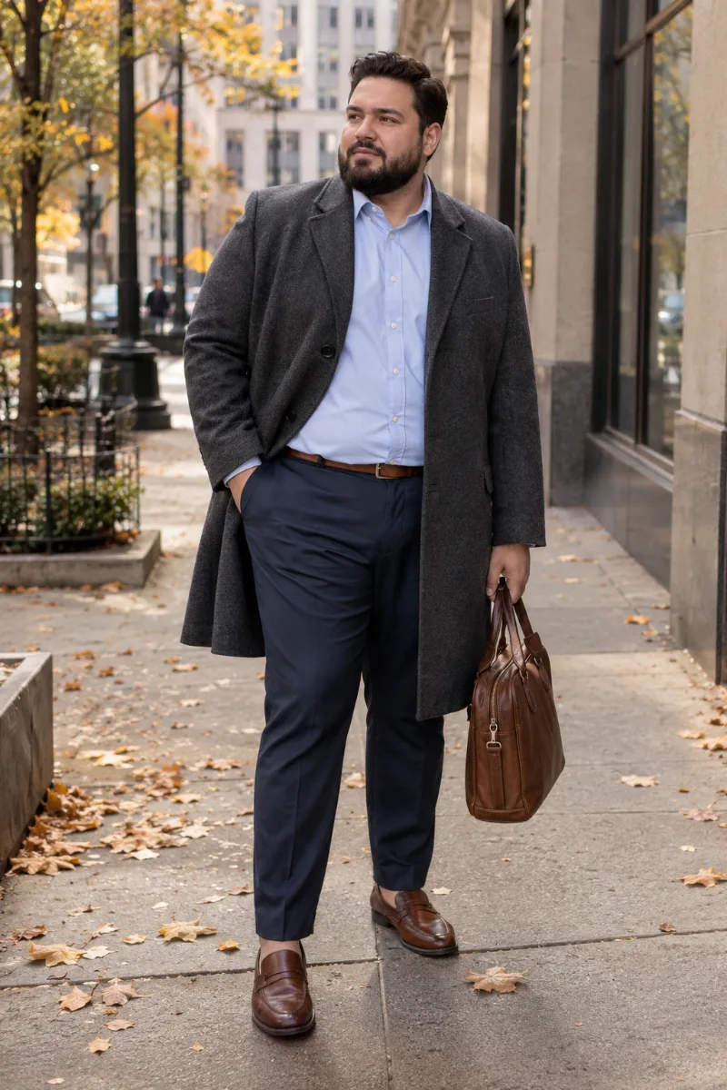 Charcoal Overcoat With Blue Shirt and Navy Trousers