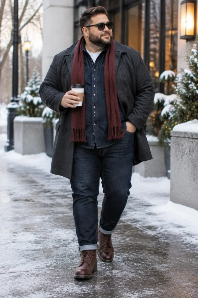 Charcoal Overcoat With Straight Maroon Scarf