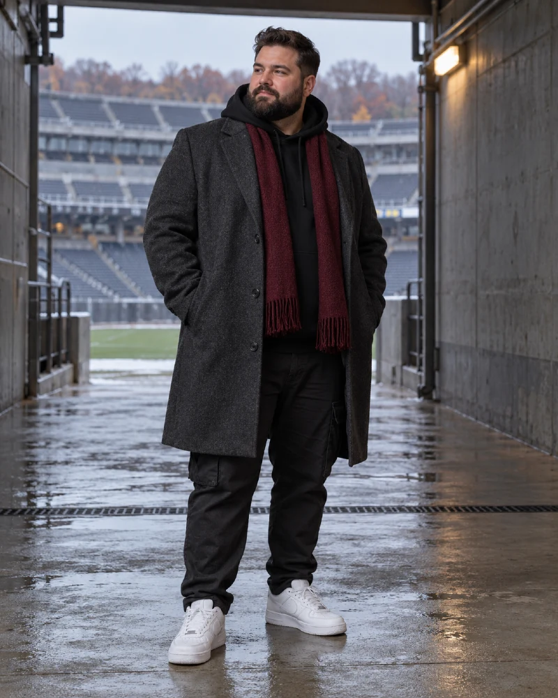 Charcoal Overcoat and Burgundy Scarf for a Cold Football Game