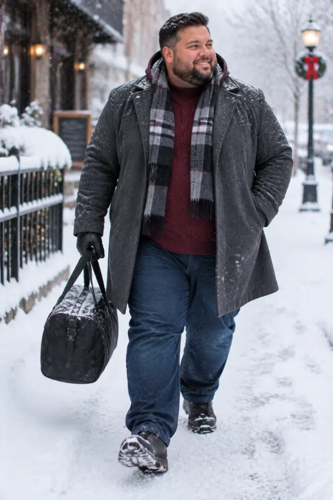Charcoal Overcoat and Burgundy Sweater