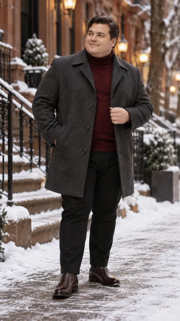 Charcoal Overcoat and Burgundy Turtleneck
