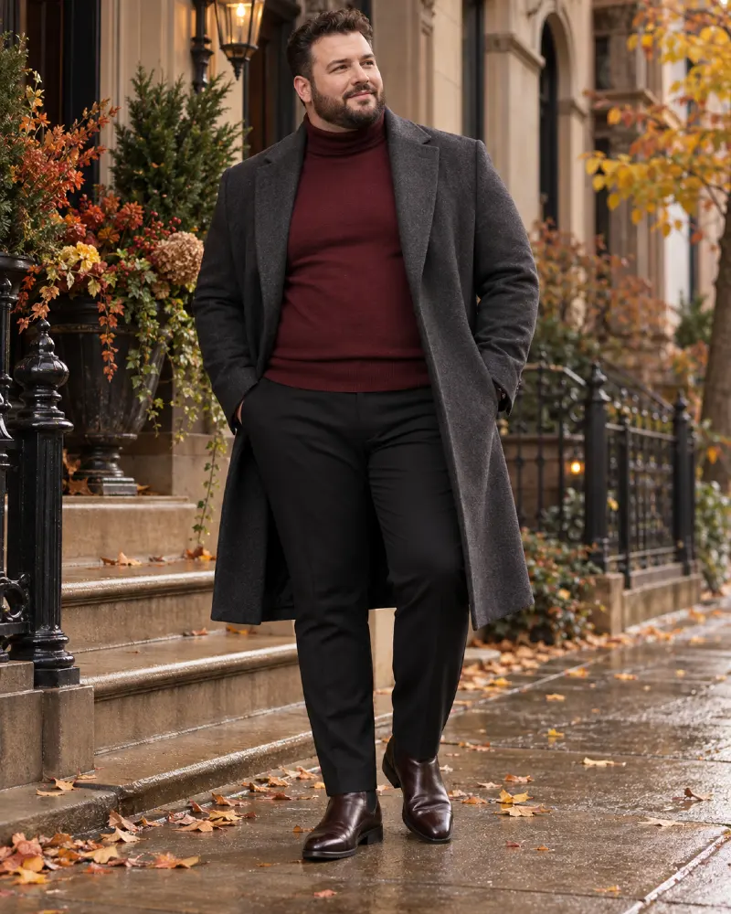 Charcoal Overcoat and Burgundy Turtleneck