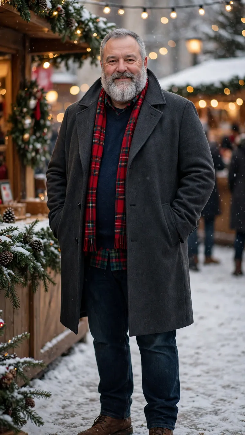 Charcoal Overcoat with Red Plaid Scarf and Dark Jeans