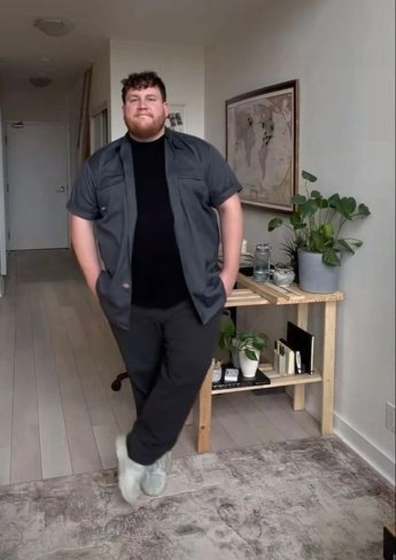 Charcoal Overshirt with Black Tee and Sneakers
