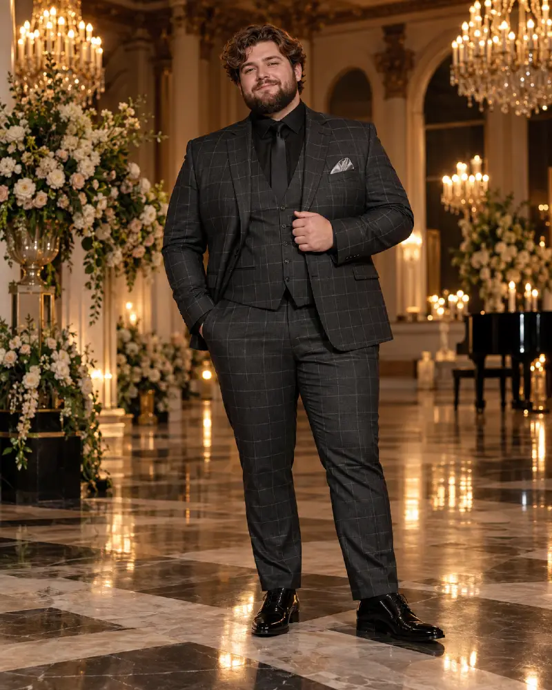 Charcoal Plaid Three Piece Suit With Black Shirt And Chandeliers