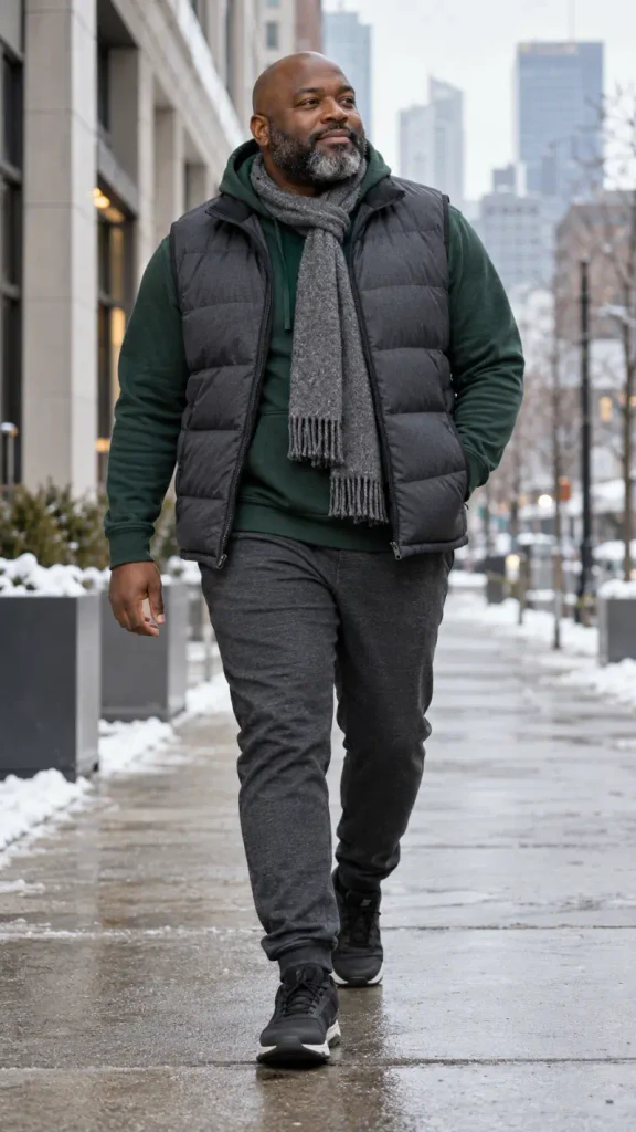 Charcoal Puffer Vest and Forest Green Hoodie