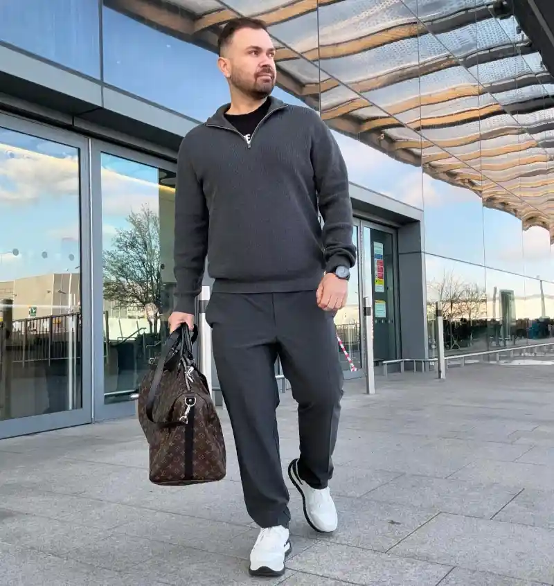 Charcoal Quarter-Zip Sweater and Trousers Combo