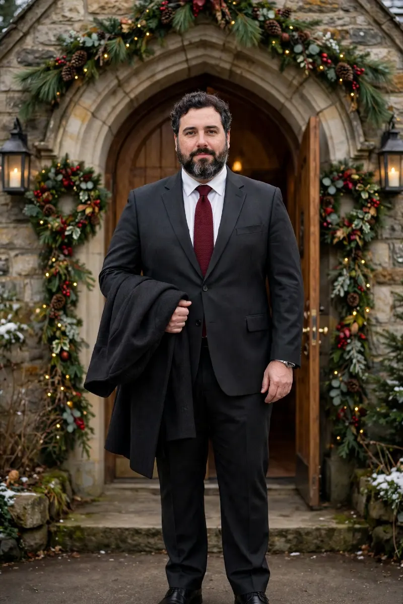 Charcoal Suit with Crisp White Dress Shirt, Burgundy Tie, and Black Overcoat