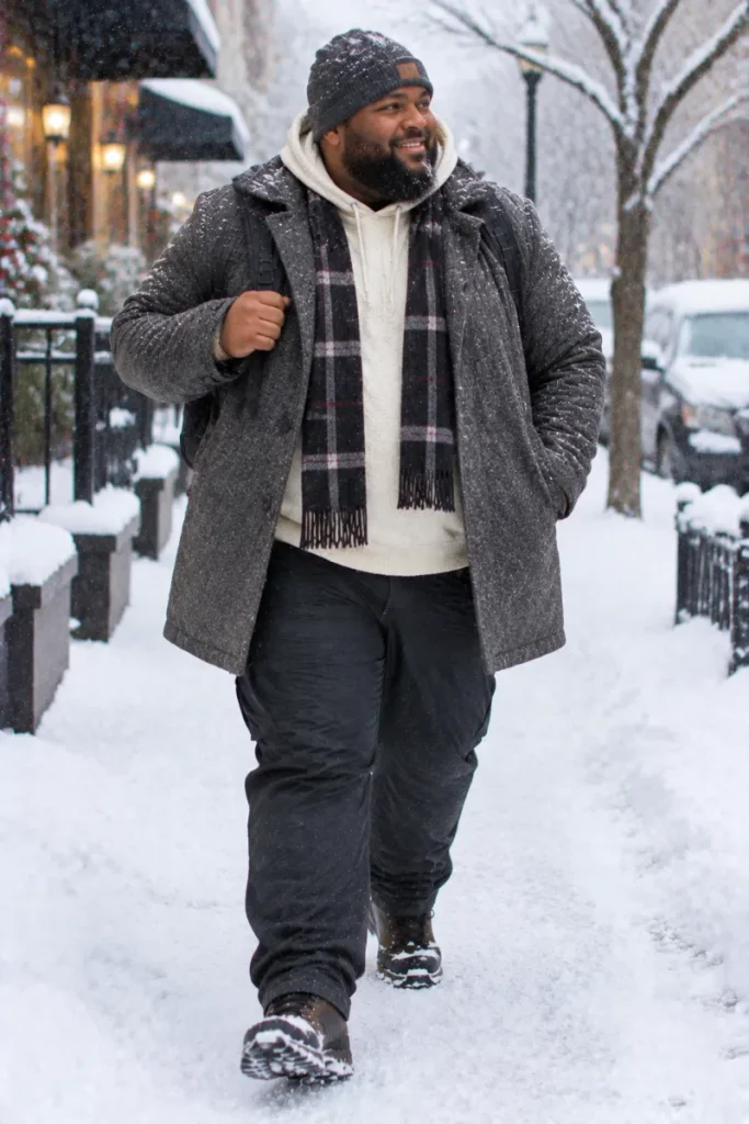 Charcoal Textured Coat and Cream Hoodie