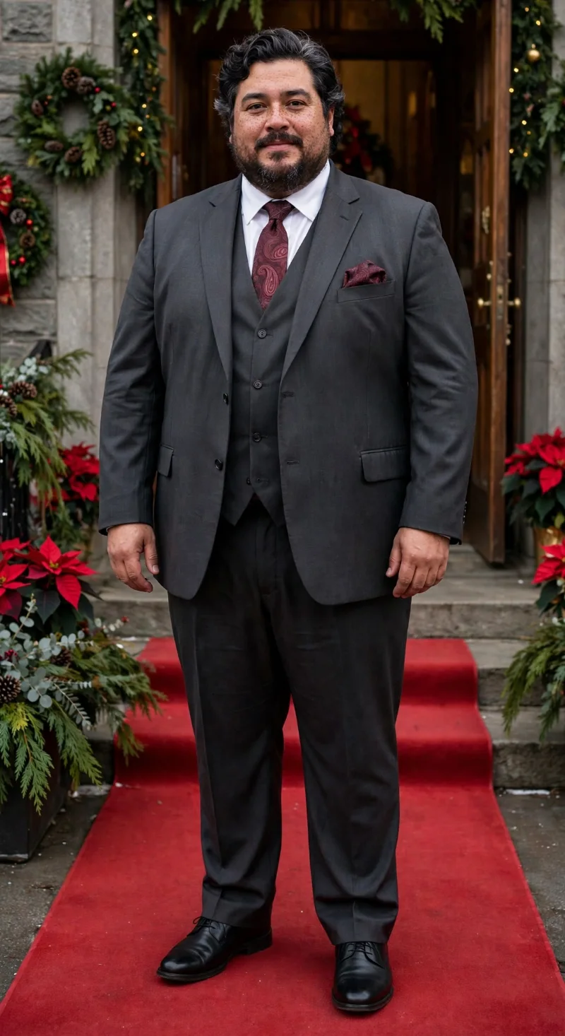 Charcoal Three-Piece Suit with White Dress Shirt, Burgundy Paisley Tie, Burgundy Pocket Square, and Black Dress Shoes