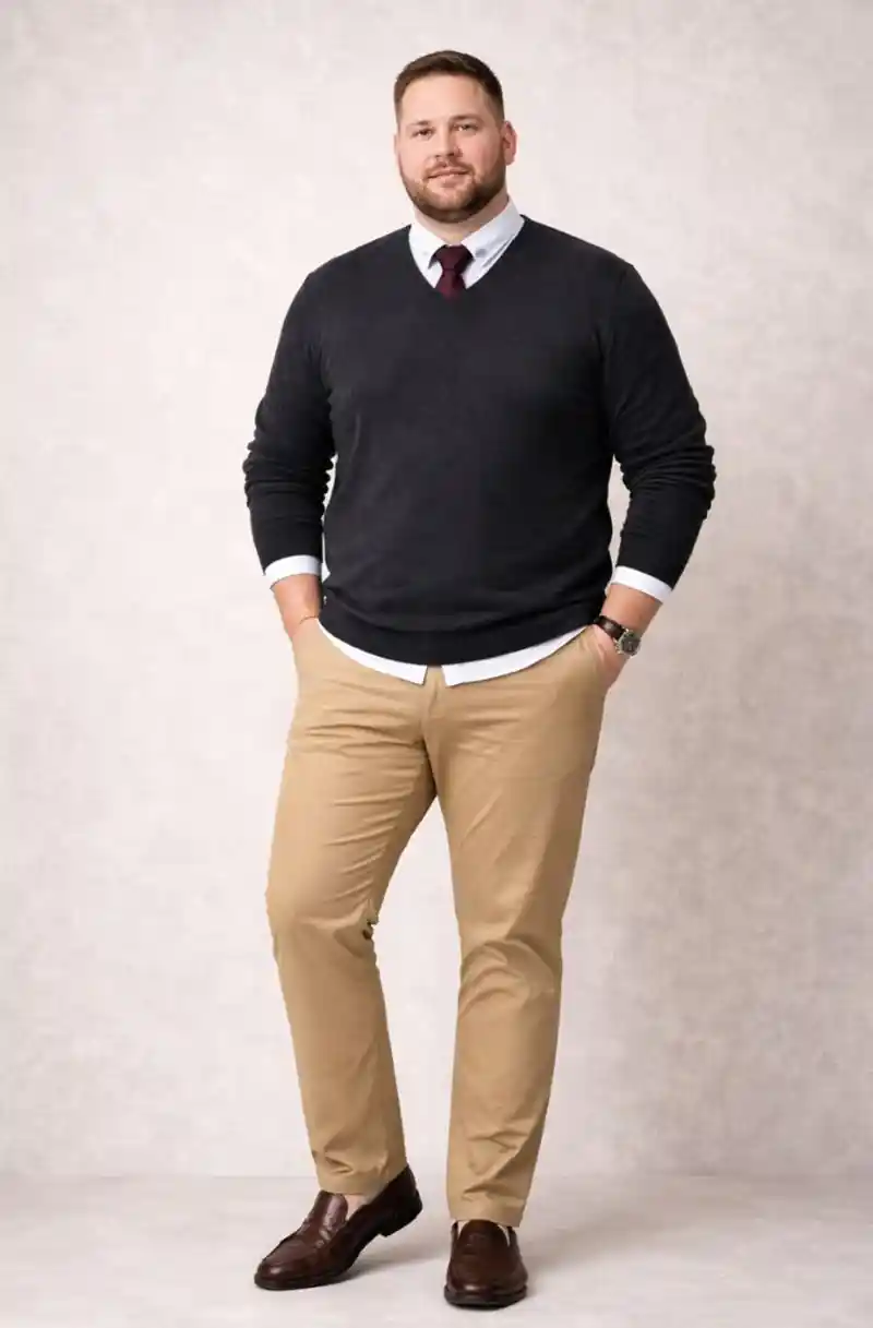 Charcoal V-Neck Sweater, White Dress Shirt, and Khaki Chinos