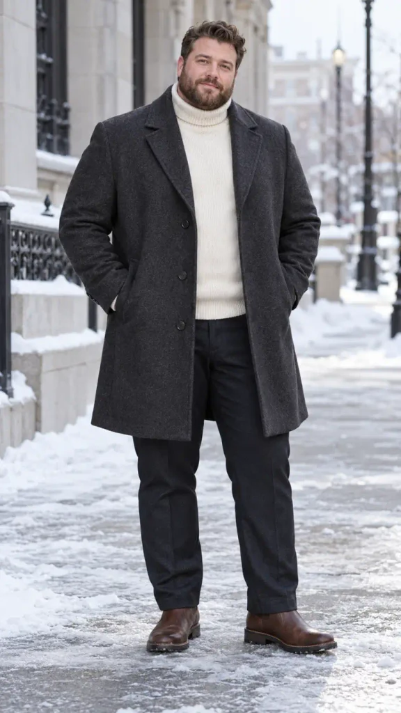Charcoal Wool Overcoat and Ribbed Turtleneck
