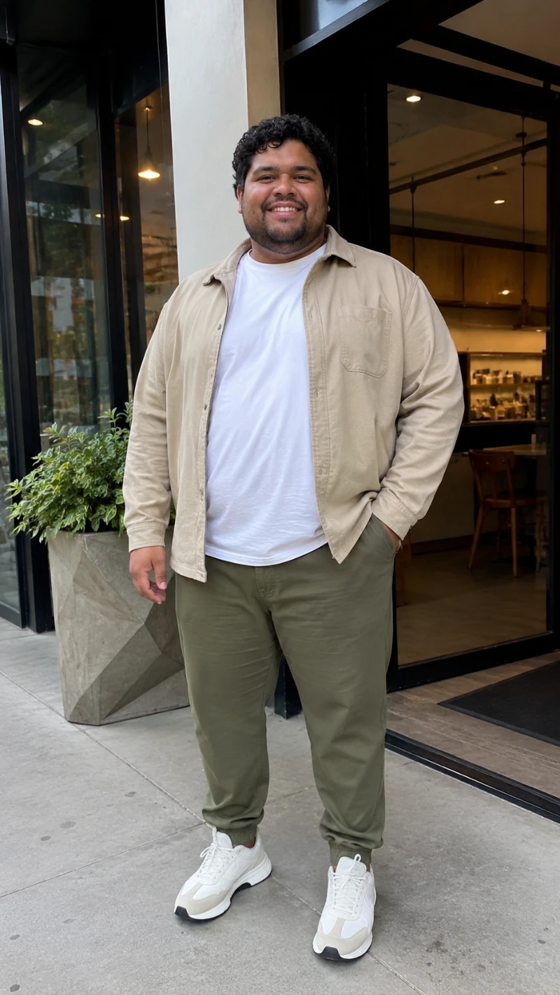 Tan Button-Down Shirt and Olive Joggers