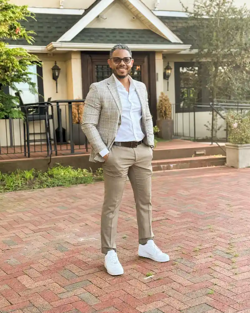 Checked Blazer, Trousers, and Sneakers