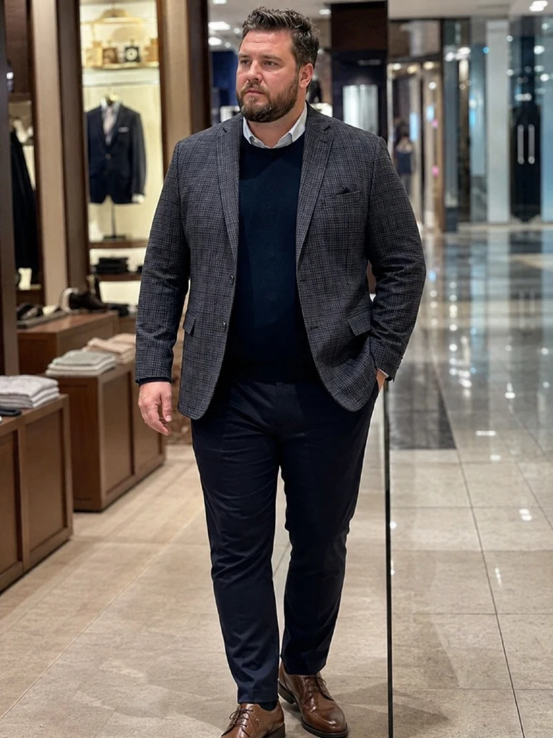 Checked Blazer With Navy Sweater, White Shirt, and Brown Dress Shoes