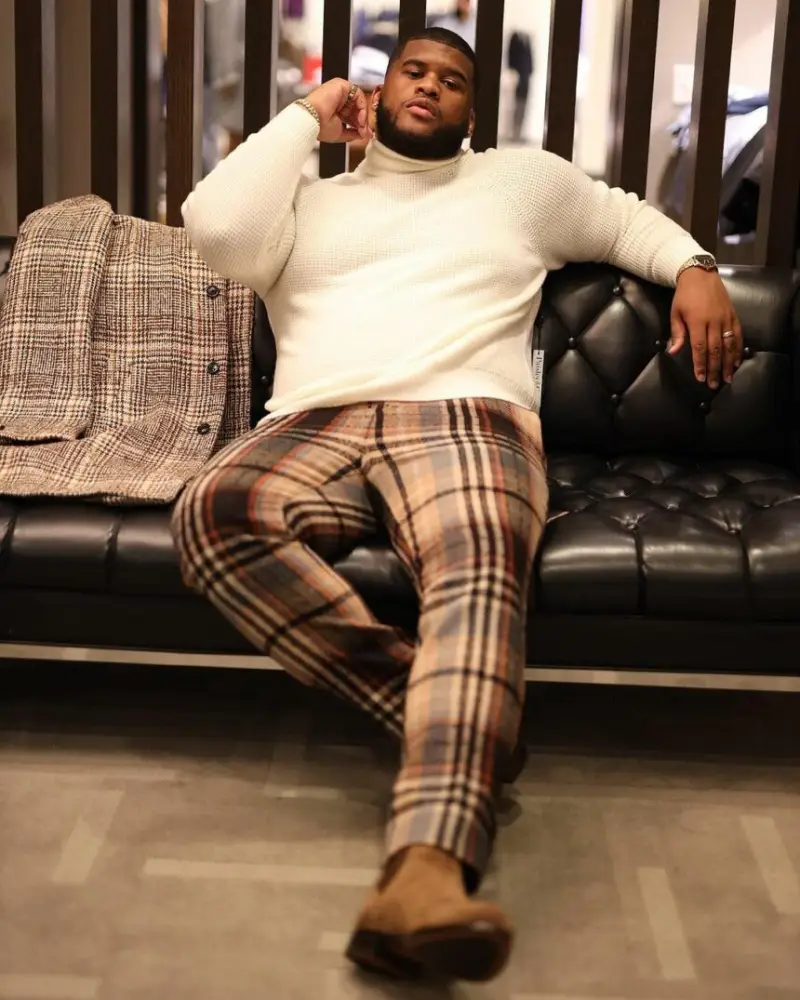 Chunky Cream Turtleneck and Plaid Trousers