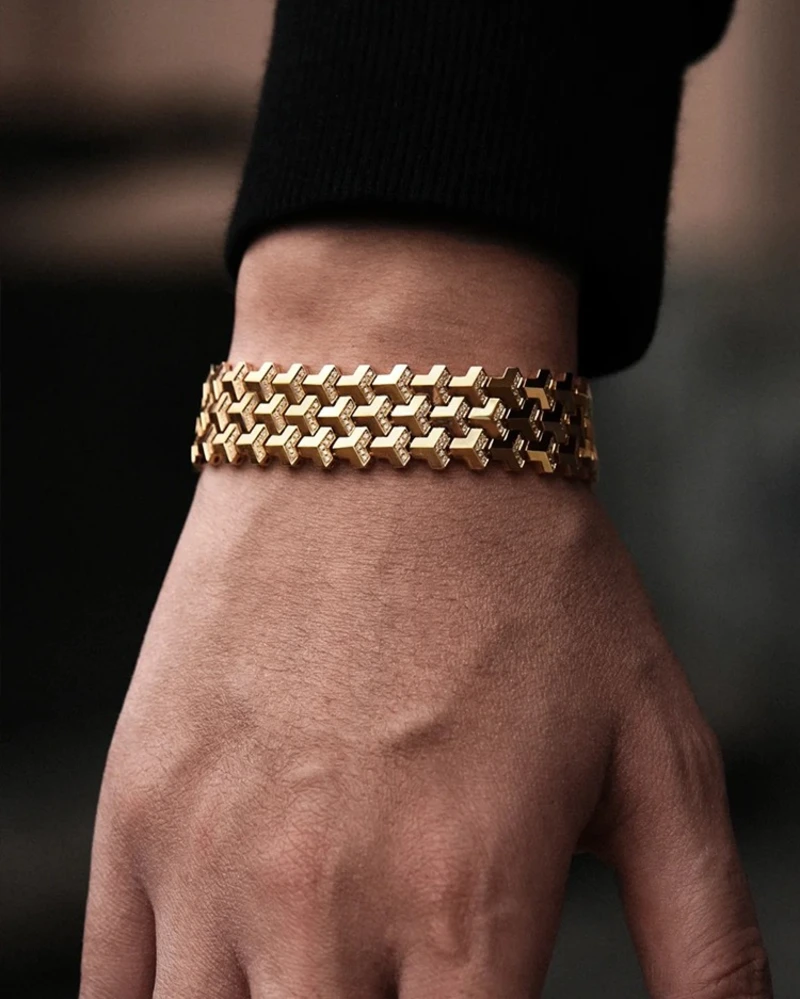 Chunky Gold Geometric Bracelet and Black Long Sleeve Shirt