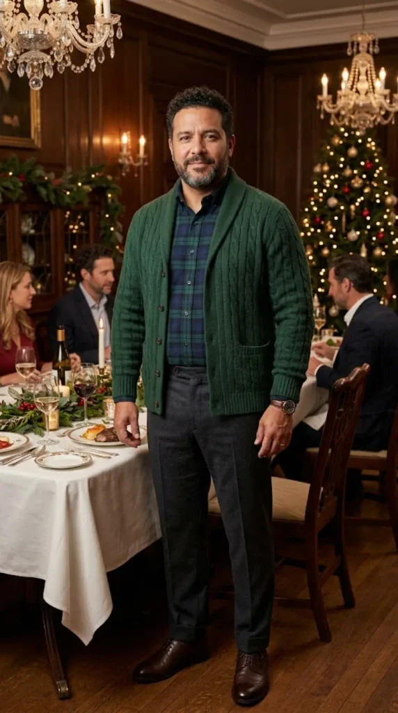 Chunky Green Cardigan and Plaid Shirting
