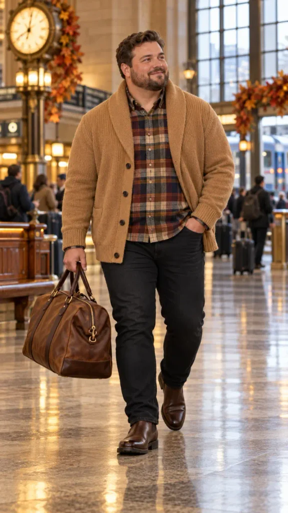 Chunky Shawl Collar Knit Over Autumn Plaid