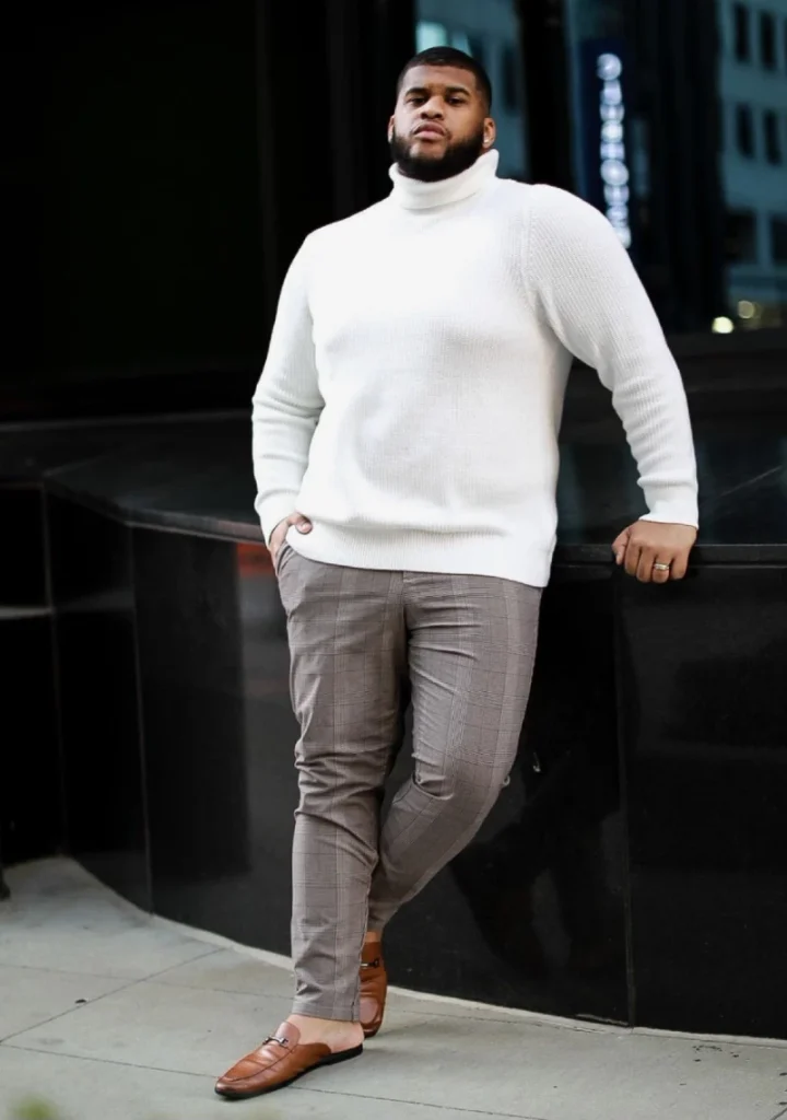 Chunky White Turtleneck and Plaid Trousers