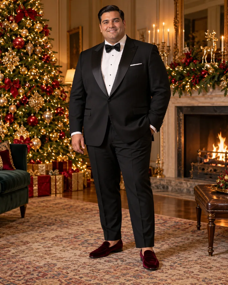 Classic Black Tuxedo With Burgundy Velvet Loafers