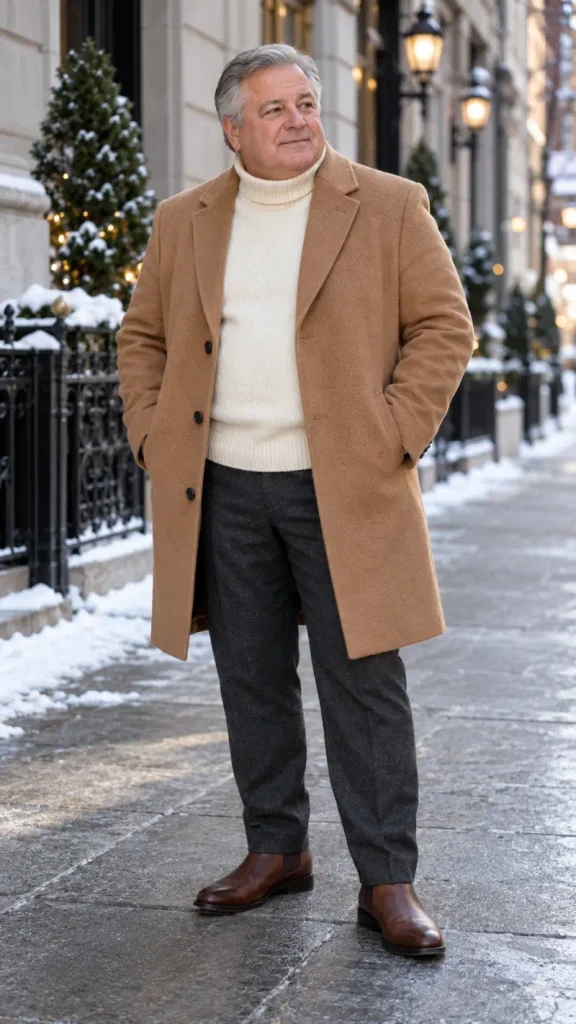 Classic Camel Coat and Cream Turtleneck