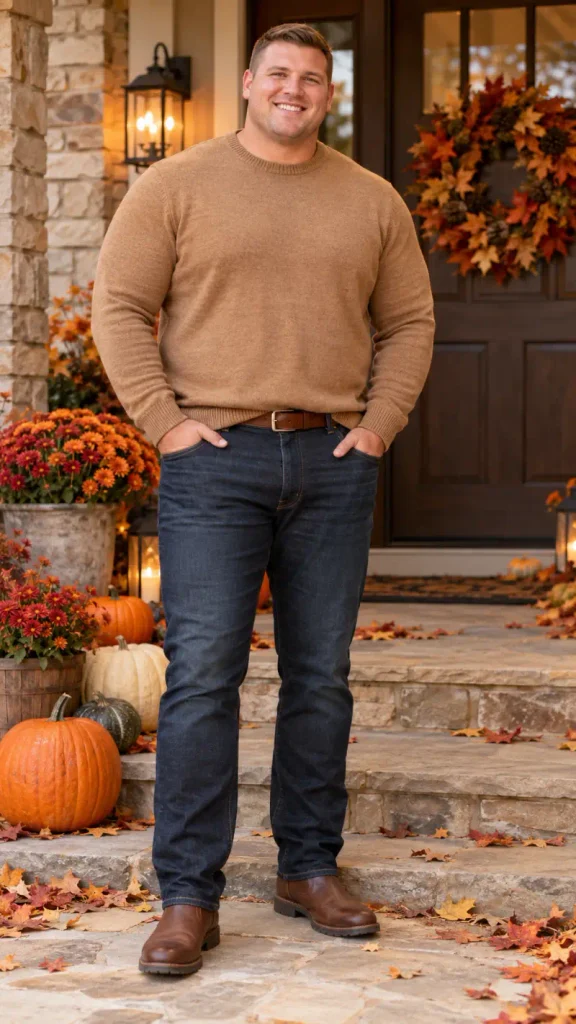 Classic Camel Sweater and Dark Indigo Denim