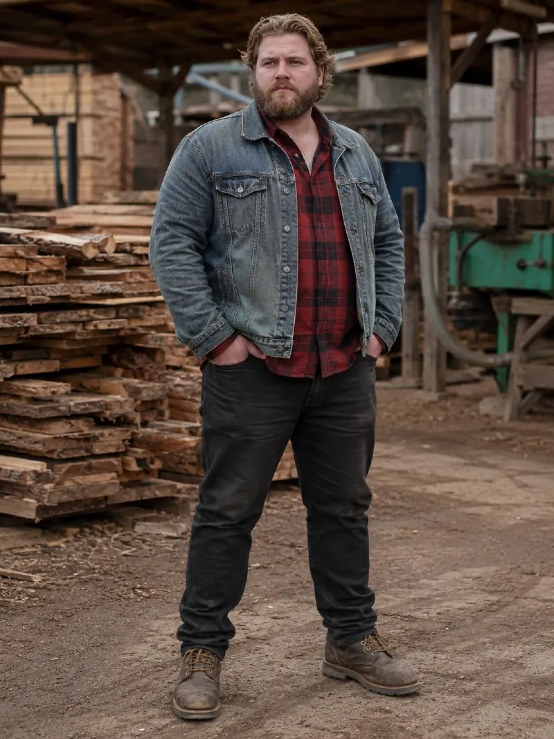 Classic Denim Trucker Jacket with Red Plaid Flannel and Washed Black Jeans