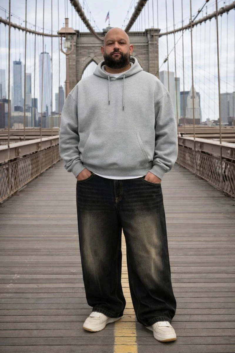 Classic Grey Hoodie with Wide-Leg Faded Black Jeans