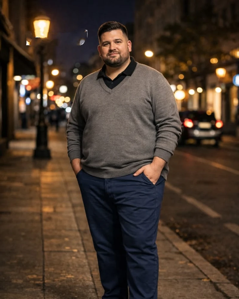 Classic Grey V Neck and Navy Trousers