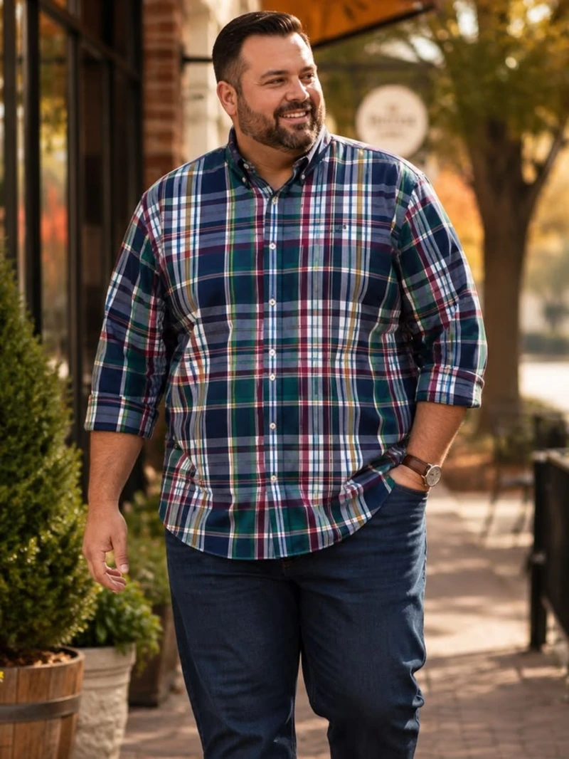 Classic Multi-Color Plaid Shirt with Dark Jeans