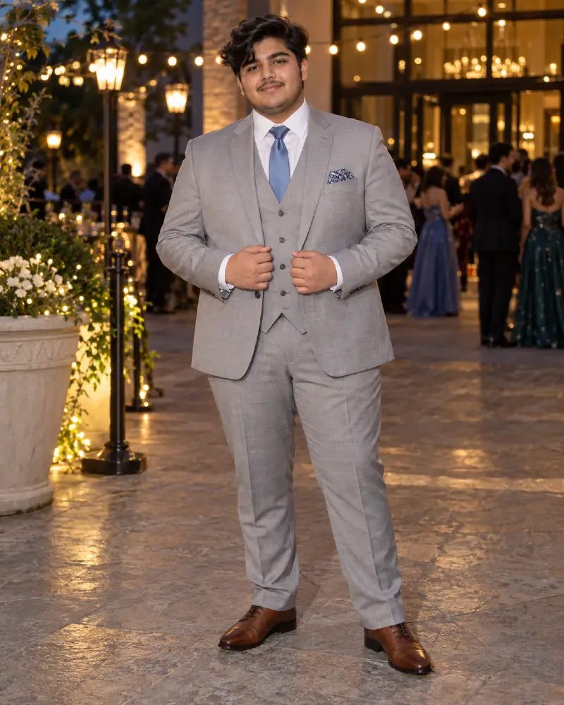Classic Silver Three Piece Suit For Warm Evening Events