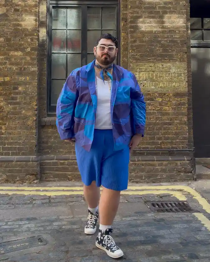 Cobalt Pleated Shorts & Graphic Lightweight Jacket