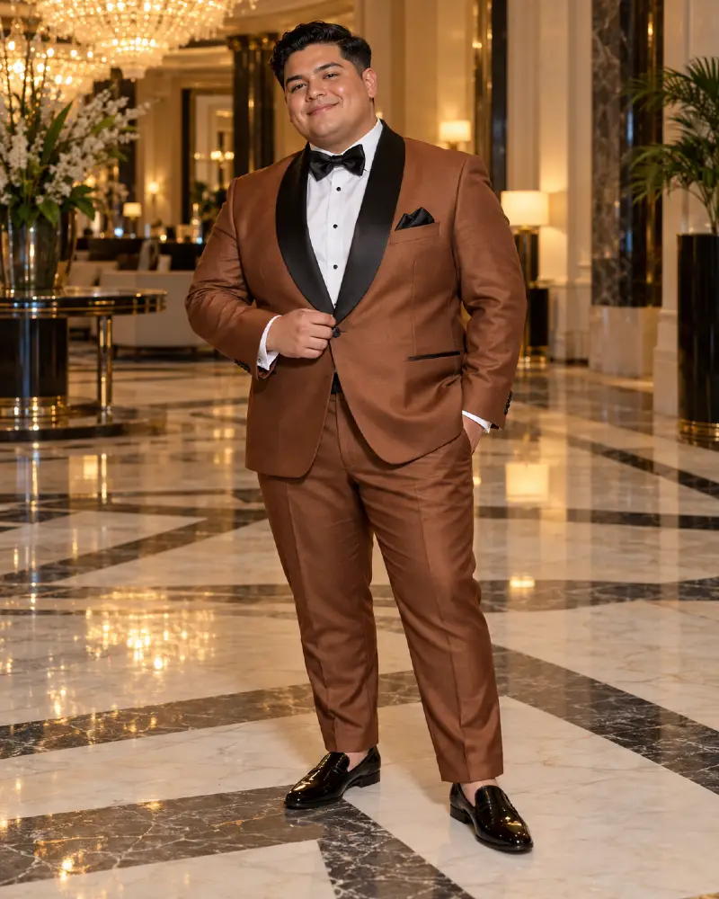 Cognac Tuxedo With Black Satin Lapels And Marble Floor