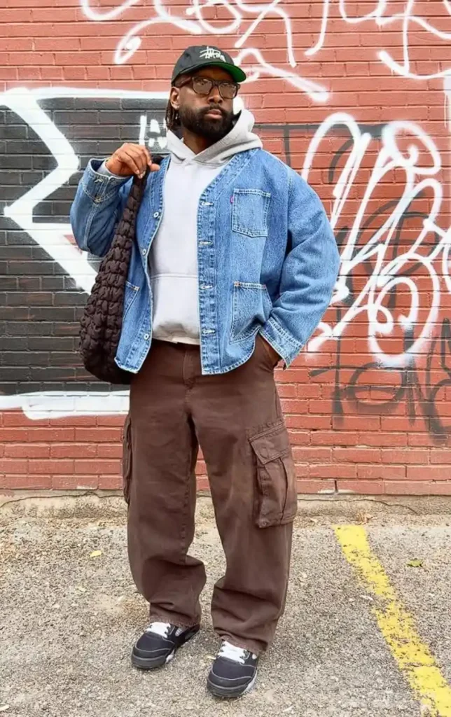 Collarless Denim Over Soft Grey Fleece