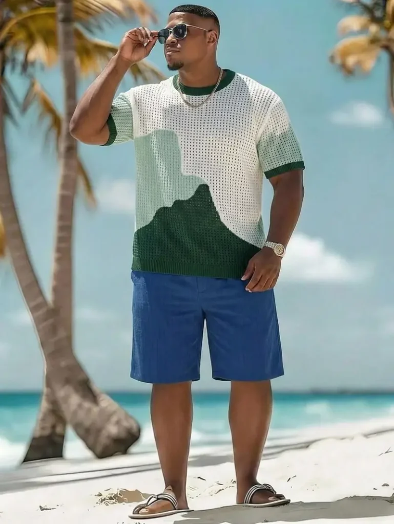 Color Blocked Knit Shirt With Solid Blue Shorts