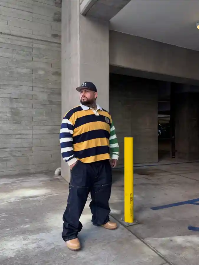 Color-Blocked Rugby Shirt and Baggy Denim