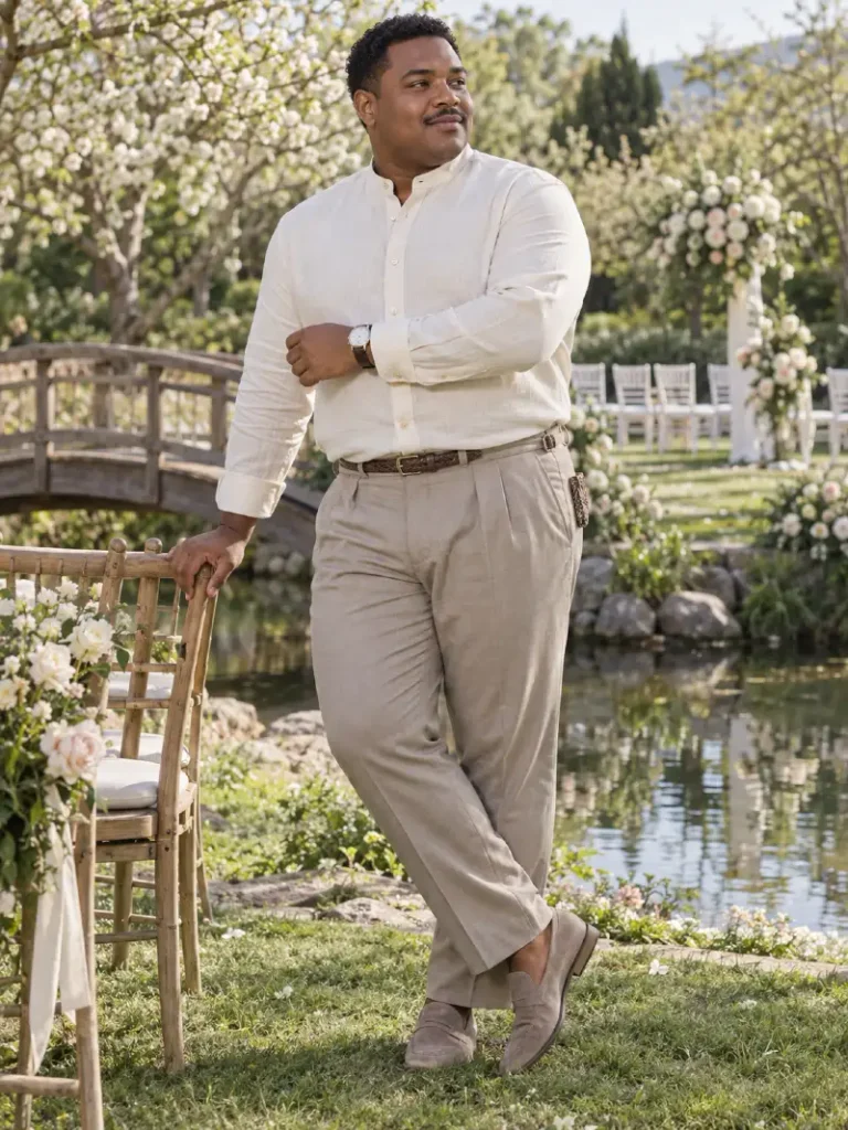 Cream Banded Collar Shirt With Pleated Trousers