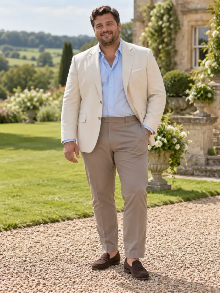 Cream Blazer With Tailored Taupe Trousers