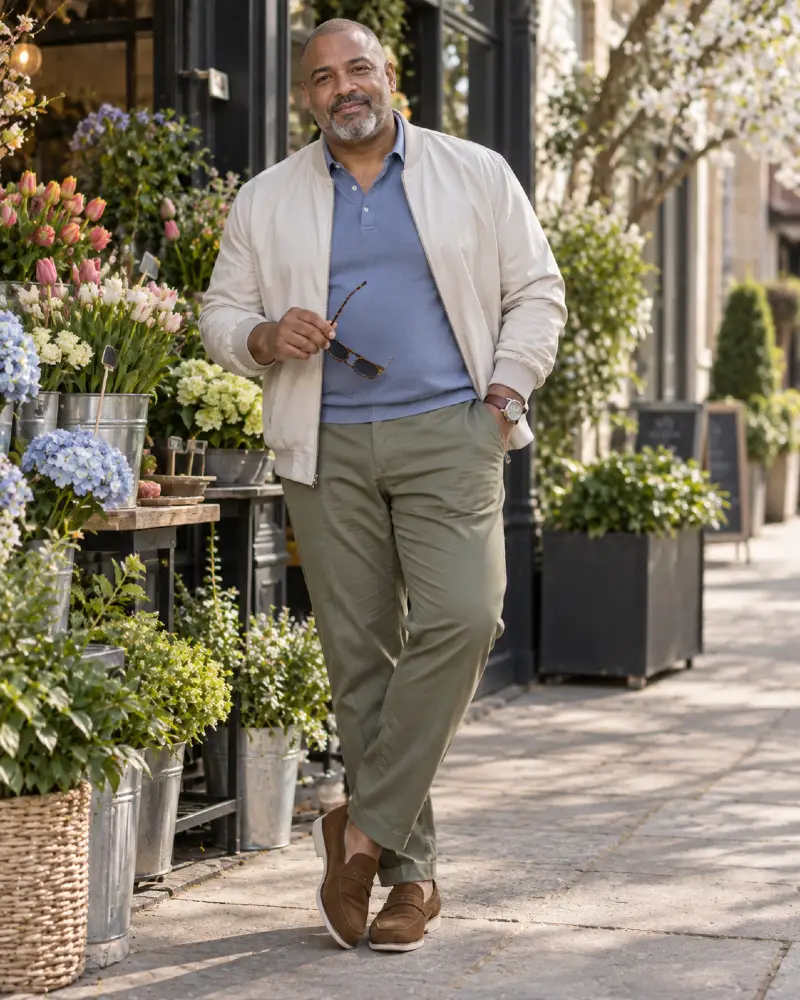 Cream Bomber Jacket And Blue Polo Style For Spring Days