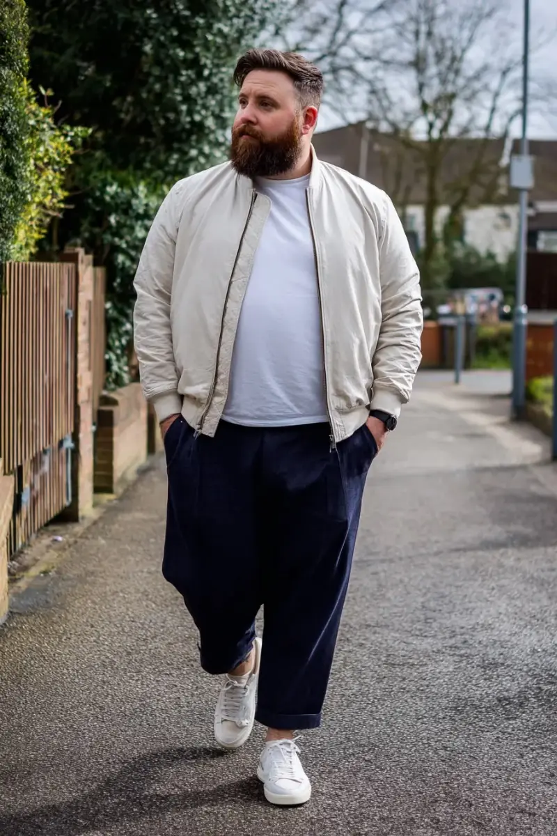 Cream Bomber Jacket and Navy Trousers