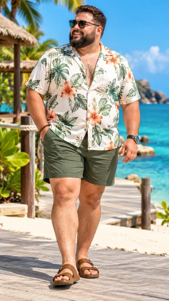 Cream Botanical Shirt Anchored By Olive Green Shorts