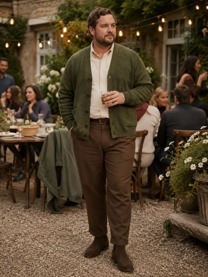 Cream Button-Down, and Brown Trousers Outfit