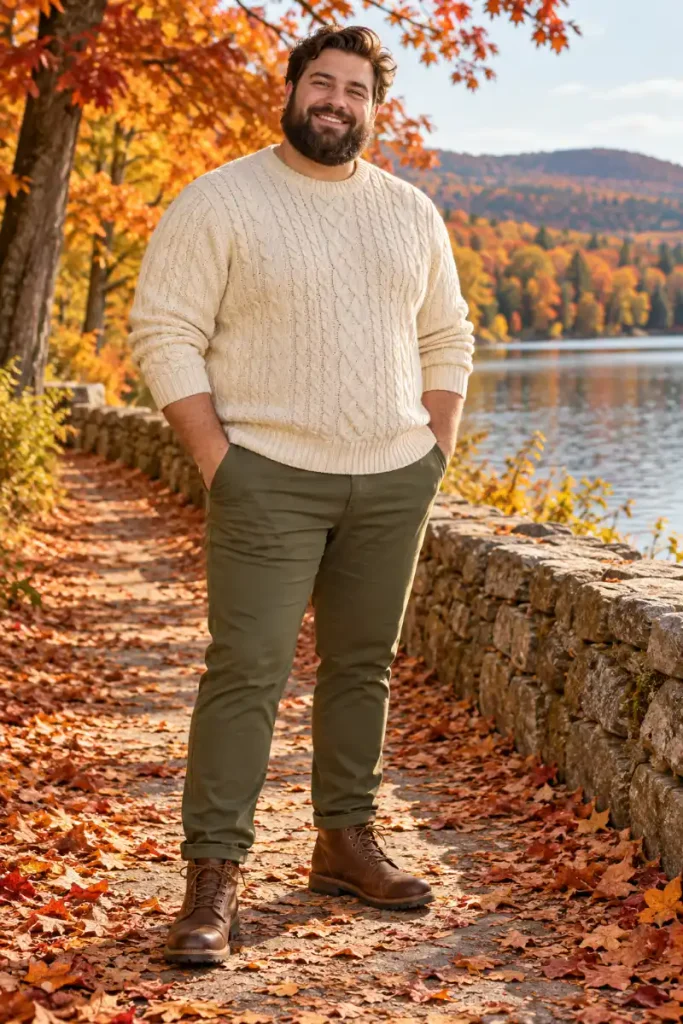 Cream Cable Knit and Cuffed Olive Chinos