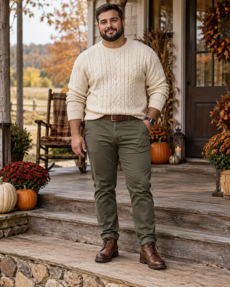 Cream Cable Knit and Olive Chinos